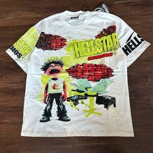 Hellstar White Graphic Short-Sleeve Tee with Neon Yellow Accents